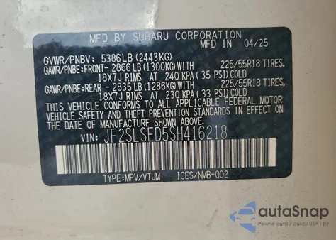 2025 Subaru Forester Premium из США, поврежденный, VIN JF2SLSED5SH416218